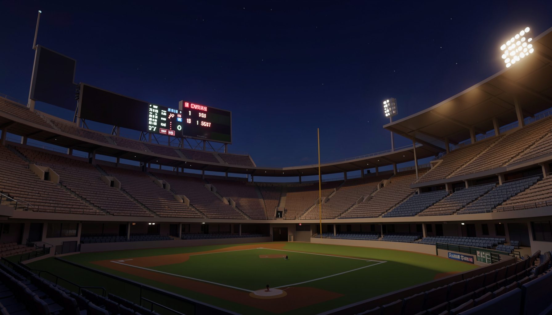 Warm evening light over a baseball stadium with empty seats and a glowing scoreboard, deep navy sky above the grandstand.
